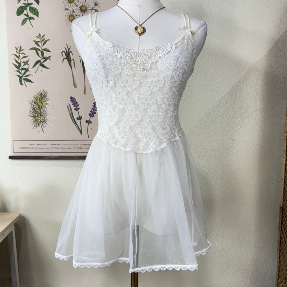 Vintage Beaded Sheer Lace Mesh Slip Dress Romantic Femme Coquette Dainty Bride S
